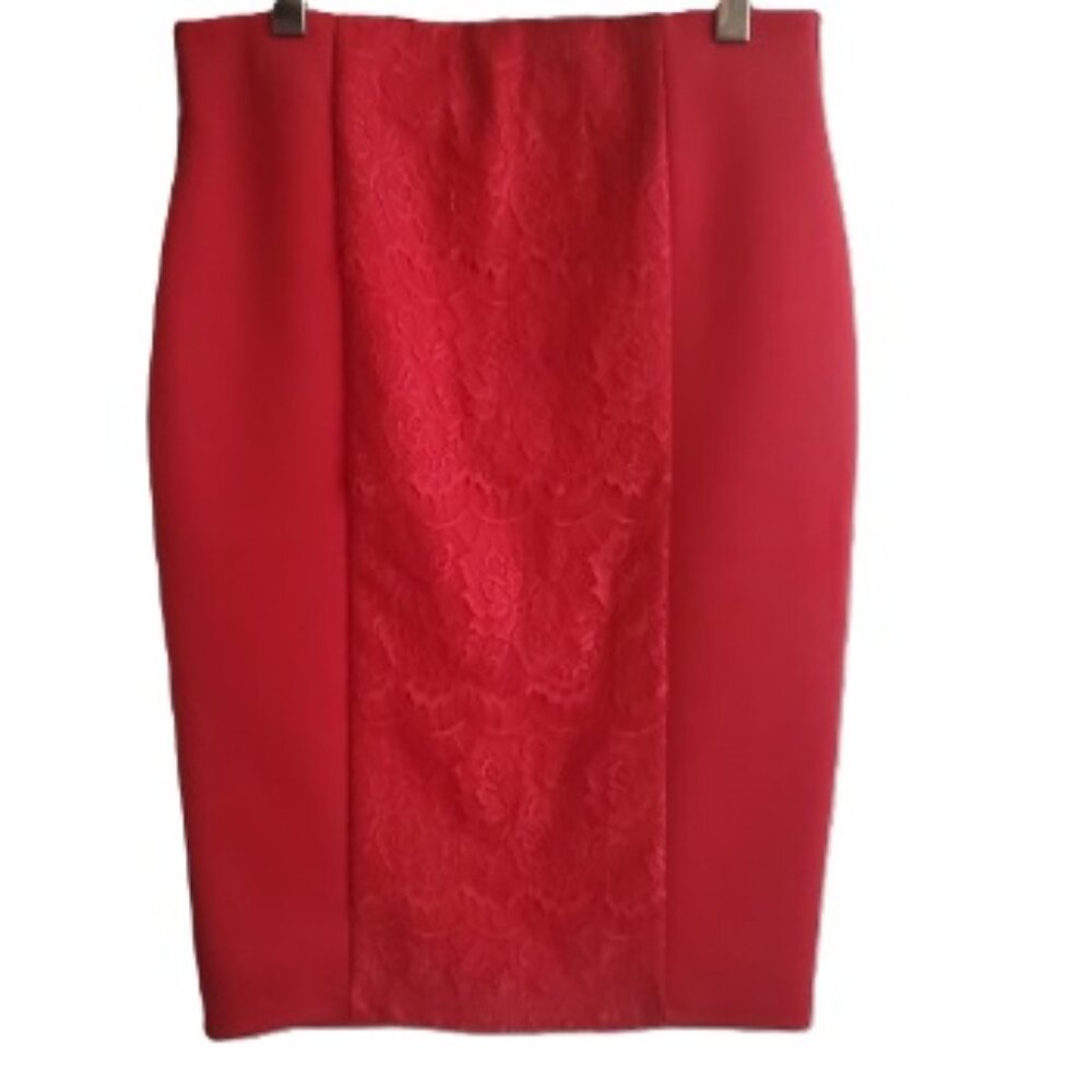Lace Centre Red Pencil Skirt Pull-on Elastic Waist Scuba Bodycon